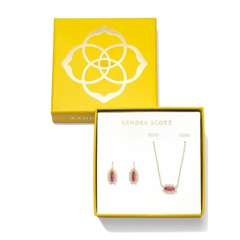Kendra Scott Emma Framed Pendant Necklace & Drop Earring Set Gold Red Glass